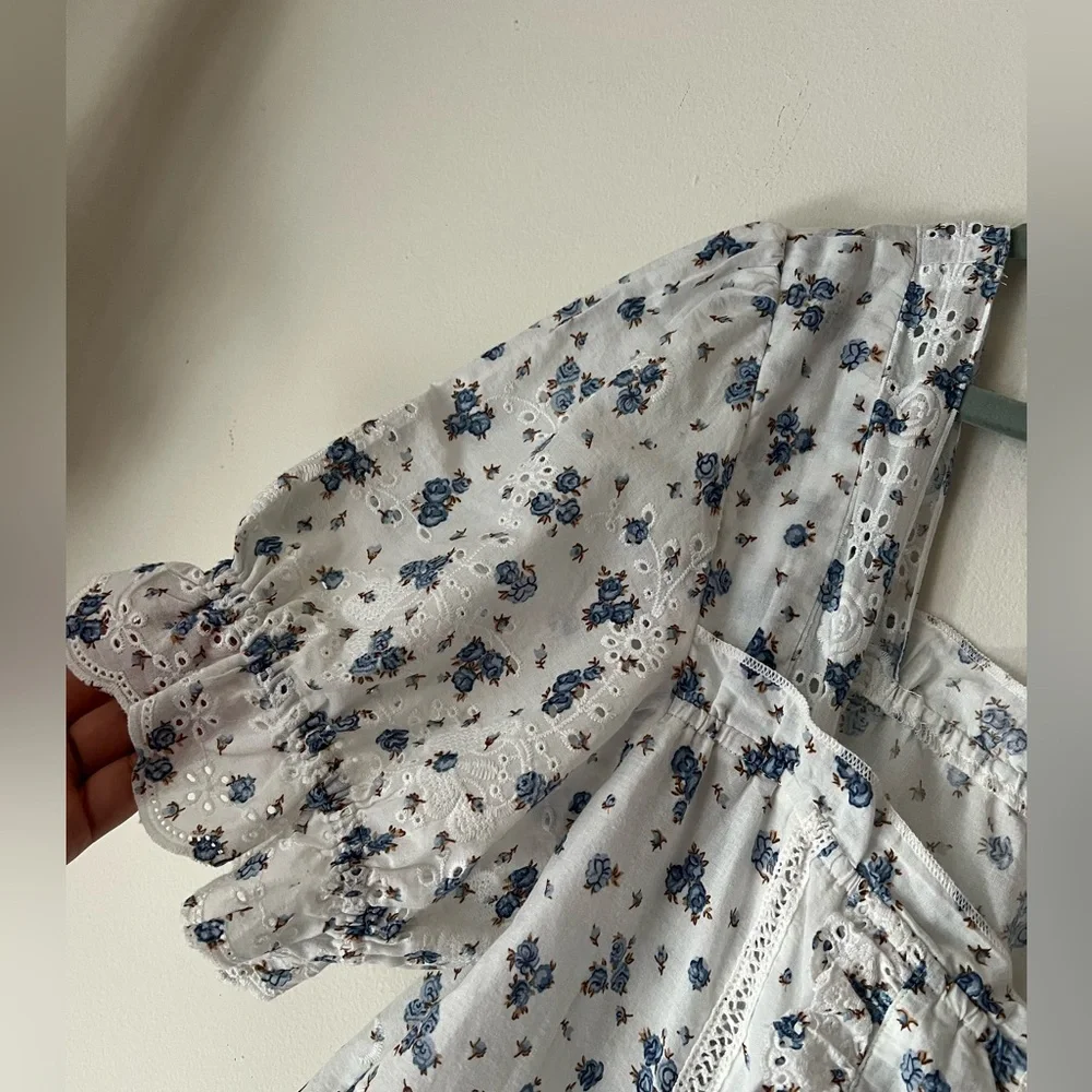 NWT By Anthropologie Puff-Sleeve Eyelet Top size LP Ivory Blue Floral Print Boho